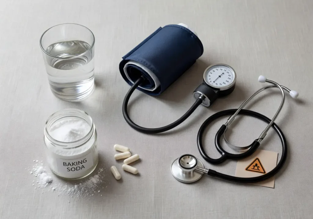Baking soda trick safety warning flat lay with baking soda jar, glass of water, blood pressure monitor, stethoscope, capsule pills and caution symbol on grey linen