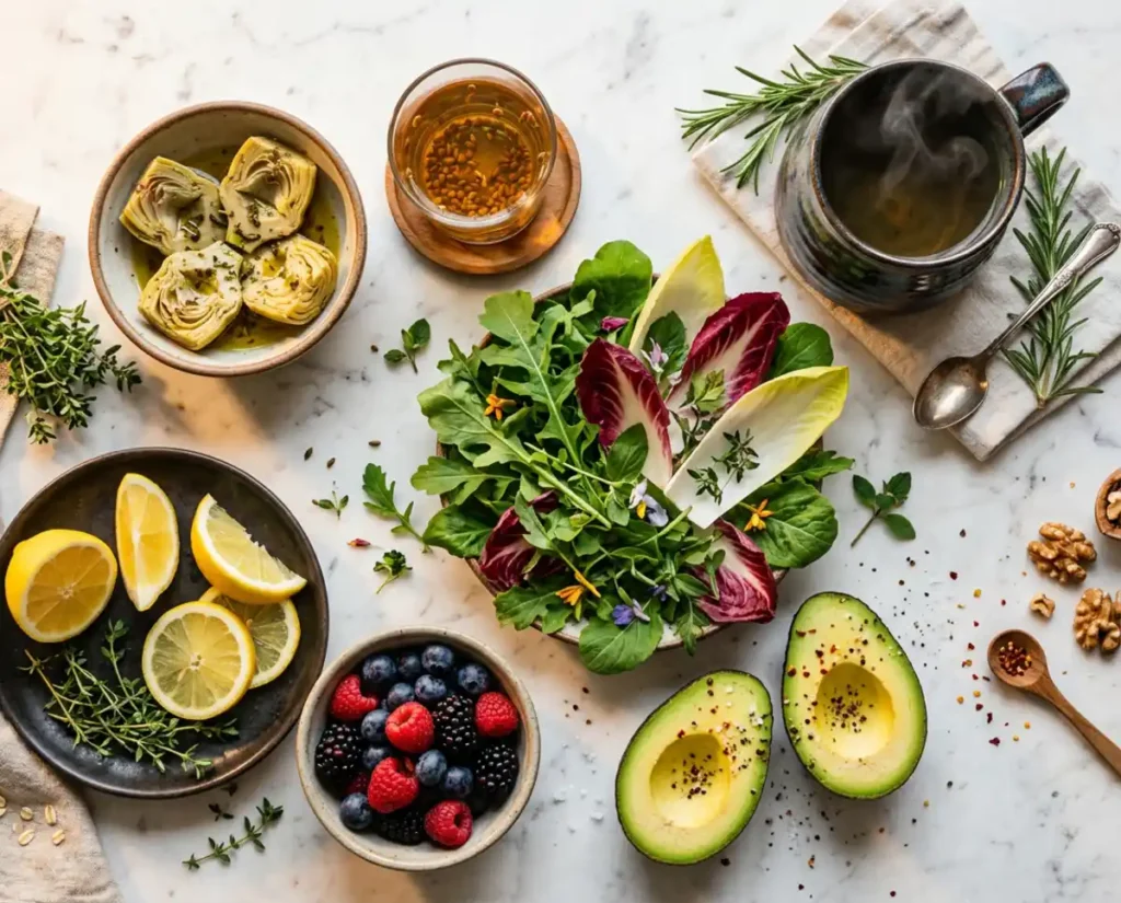 Real food alternative to berberine patches: overhead flat lay showing bowl of artichoke hearts in olive oil, bitter greens mix with radicchio arugula and endive, sliced lemons with thyme, mixed berries bowl, halved avocado with pepper, cassia seed tea, steaming herbal tea mug, walnuts and rosemary on white marble