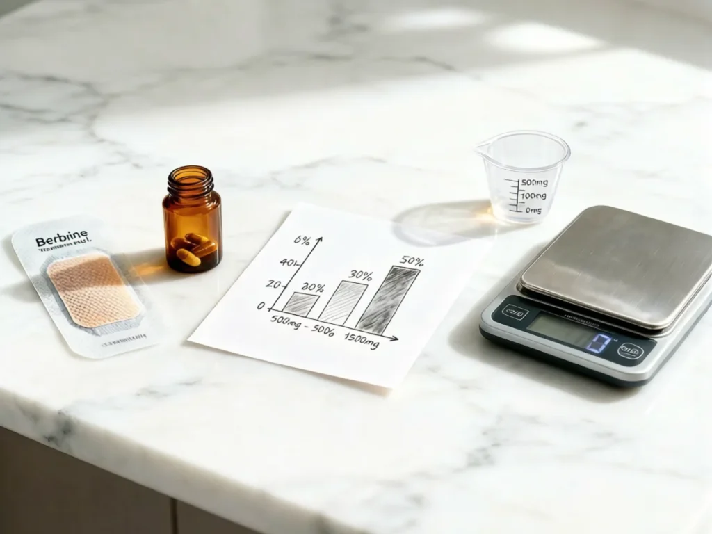 Berberine patches vs capsules comparison: transdermal berberine patch packet next to amber capsule bottle, handwritten bioavailability bar chart showing 20 to 50 percent absorption rates, measuring cup with 500mg to 500mg dose markings and digital kitchen scale on white marble