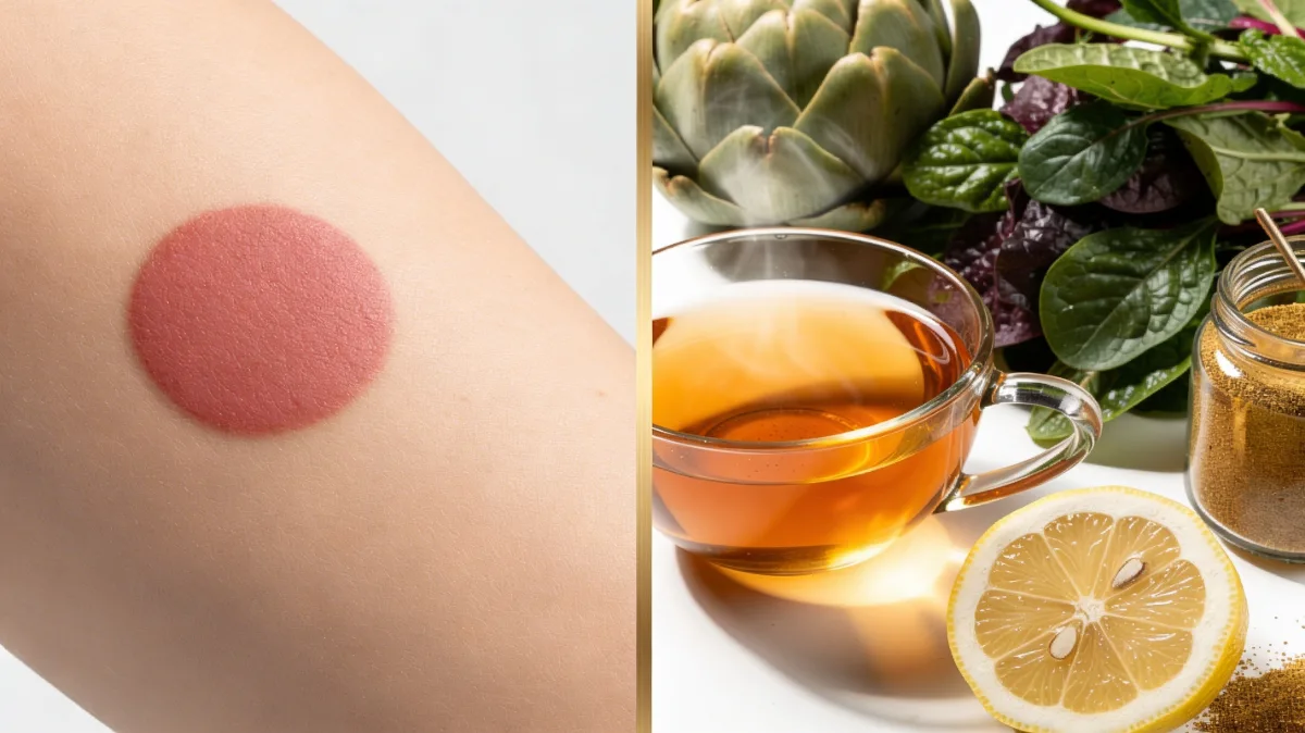 Berberine patches vs real food comparison: transdermal berberine patch on arm skin on left versus artichoke heart, steaming golden herbal tea, halved lemon and berberine powder jar on right, separated by gold dividing line