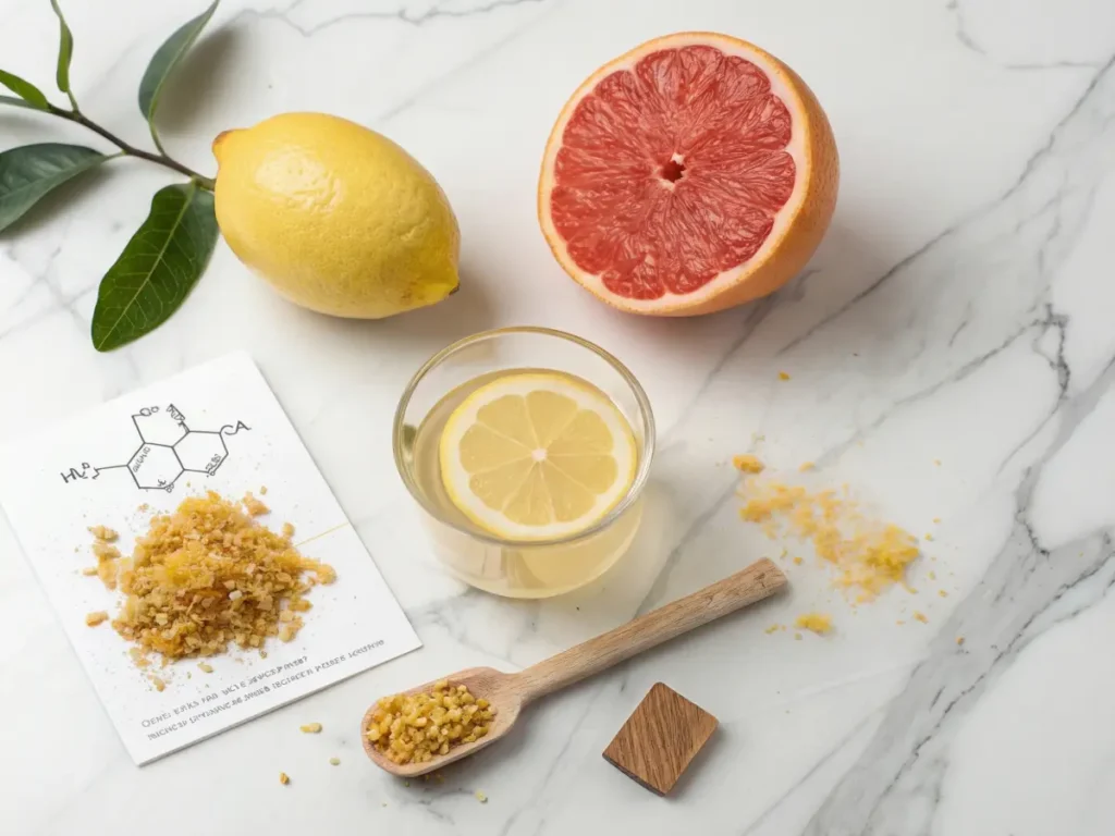 Beyond the Supplement: A Chef's Review of Citrus-Based Metabolism Boosters 5 CitrusBurn Reviews citrus polyphenol science: whole lemon and halved pink grapefruit, glass of warm lemon peel infusion with lemon slice, hesperidin molecular diagram card, dried lemon zest pile and wooden spoon with zest on white marble with citrus leaves