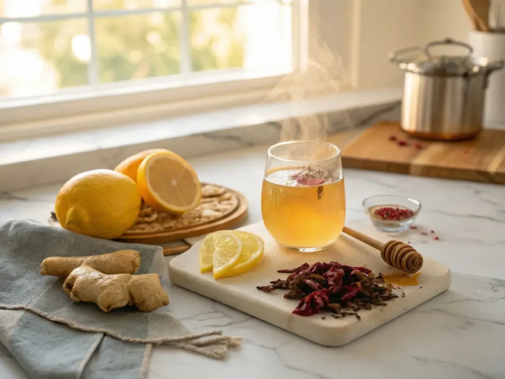 Beyond the Supplement: A Chef's Review of Citrus-Based Metabolism Boosters 6 Metabolic Citrus Infusion recipe as chef alternative to CitrusBurn: steaming glass of golden lemon peel infusion on marble board with lemon wedges, dried hibiscus petals, honey dipper, fresh ginger root and whole lemons on wooden tray, warm morning window light in kitchen