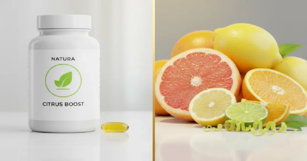 CitrusBurn Reviews comparison: generic white citrus boost supplement bottle with yellow capsule on left versus abundant whole citrus fruits including halved pink grapefruit, orange, lemon and lime with zest curls on right, separated by gold dividing line
