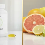 CitrusBurn Reviews comparison: generic white citrus boost supplement bottle with yellow capsule on left versus abundant whole citrus fruits including halved pink grapefruit, orange, lemon and lime with zest curls on right, separated by gold dividing line