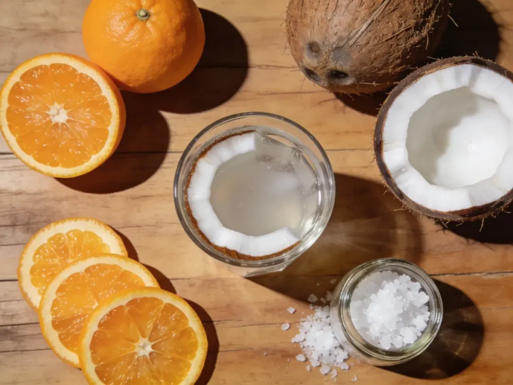 Cortisol Cocktail Recipe for Weight Loss 4 Cortisol Cocktail Recipe for Weight Loss: ingredients including coconut water, fresh oranges, and sea salt on wooden table