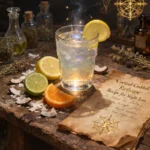 Cortisol Cocktail Recipe for Weight Loss served in a glowing glass with citrus fruits in a mystical grimoire setting