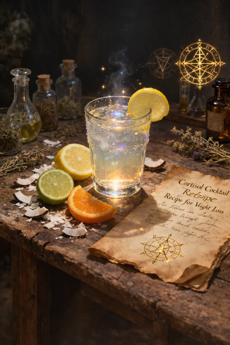 Cortisol Cocktail Recipe for Weight Loss 3 Cortisol Cocktail Recipe for Weight Loss served in a glowing glass with citrus fruits in a mystical grimoire setting