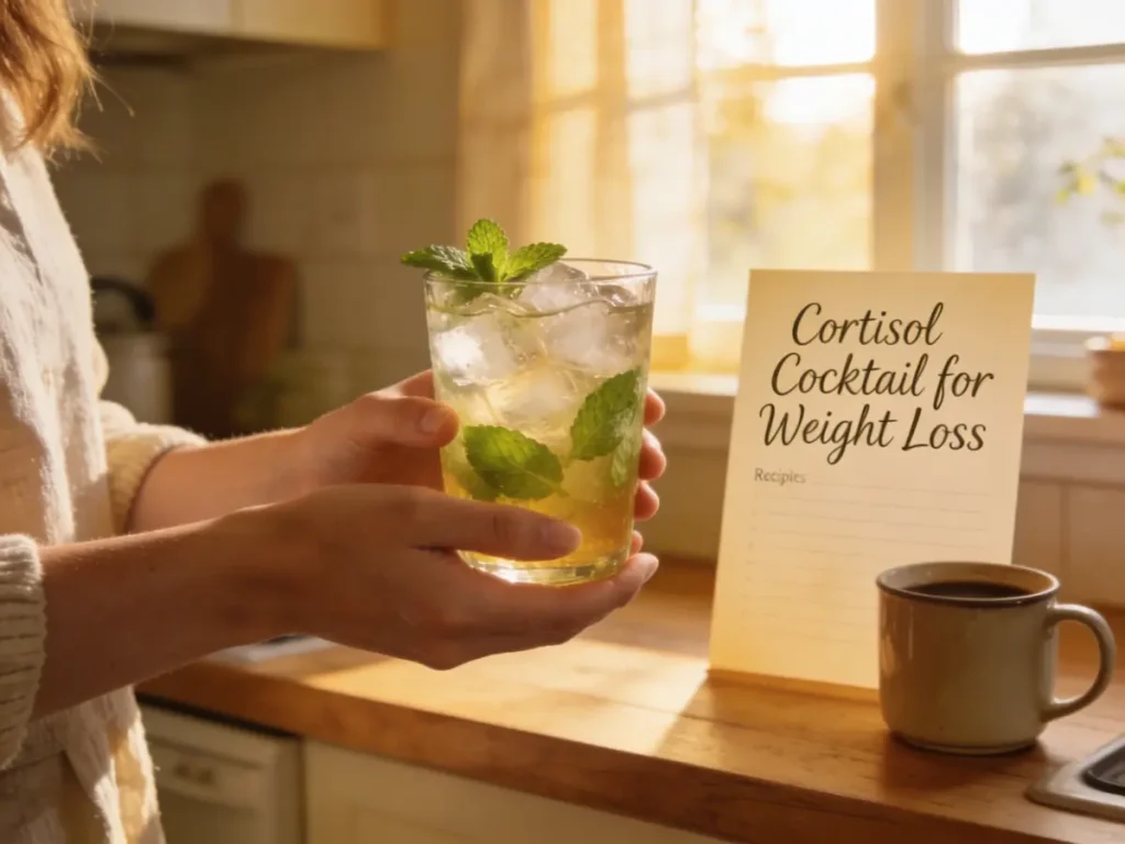 Cortisol Cocktail Recipe for Weight Loss 5 Cortisol Cocktail Recipe for Weight Loss served in a glass with mint, held in a cozy kitchen setting