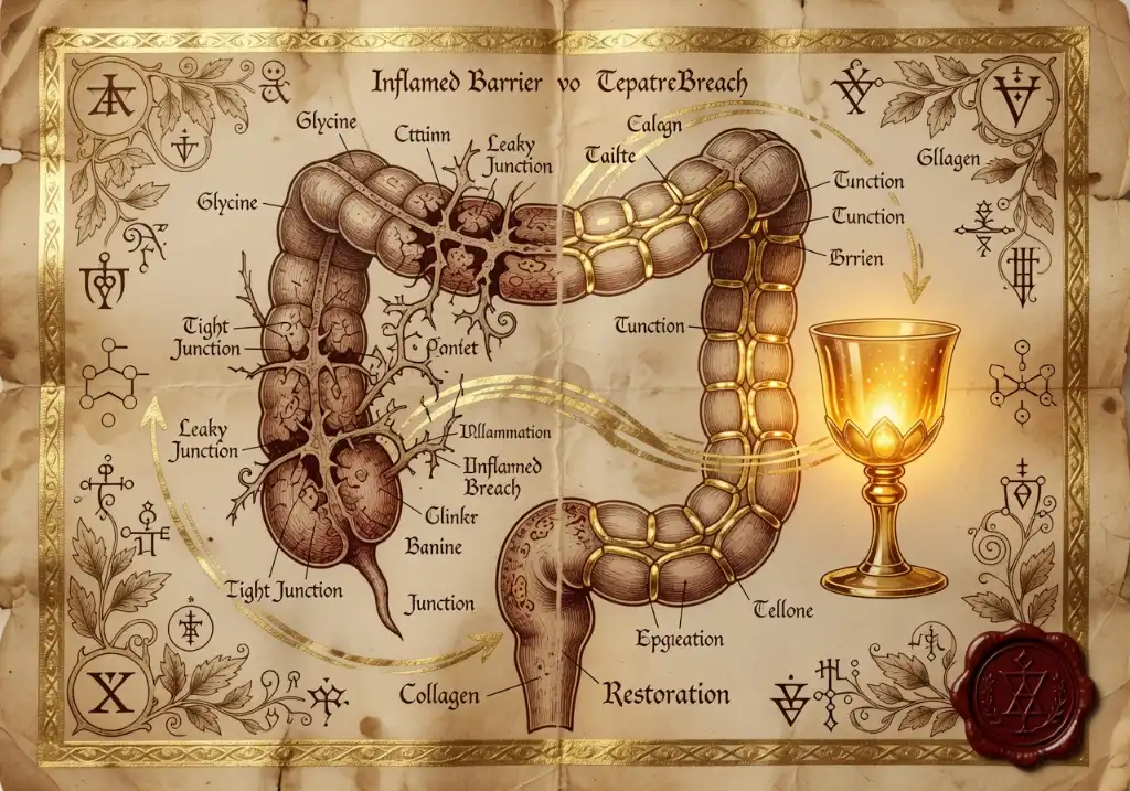 Dr. Gundry Gelatin Recipe (Simple, Low-Calorie and Healing Drink) 7 Dr. Gundry Gelatin Recipe gut healing diagram: inflamed leaky gut versus restored tight junctions with golden gelatin goblet on grimoire parchment