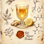 Dr. Gundry Gelatin Recipe: crystal goblet with golden healing drink, ginger root, lemon and glycine molecular structure on aged parchment