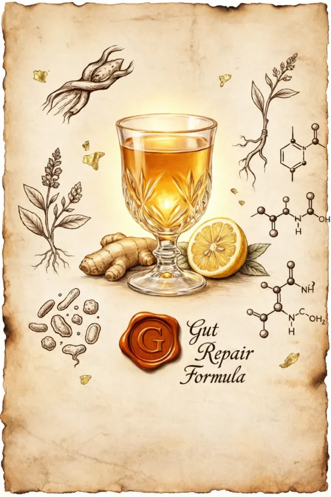 Dr. Gundry Gelatin Recipe: crystal goblet with golden healing drink, ginger root, lemon and glycine molecular structure on aged parchment