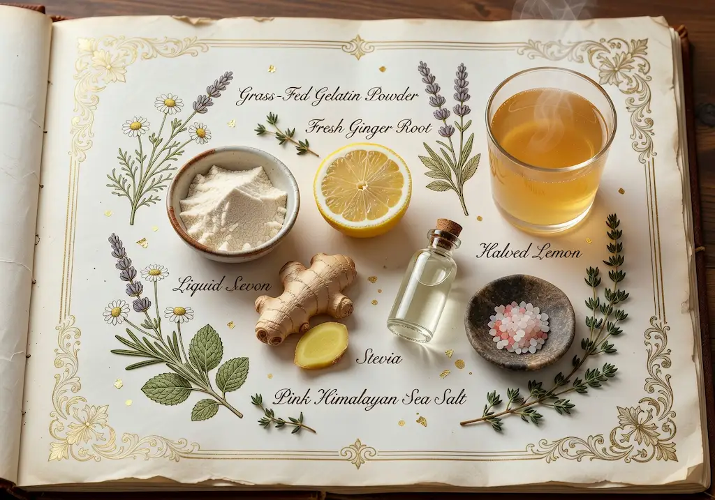 Dr. Gundry Gelatin Recipe (Simple, Low-Calorie and Healing Drink) 6 Dr. Gundry's Gelatin Recipe ingredients: grass-fed gelatin powder, fresh ginger, halved lemon, liquid stevia, pink Himalayan salt on an open grimoire page