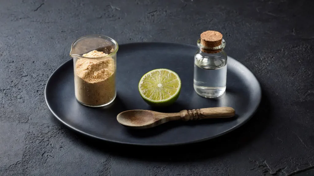 A close-up of grass-fed beef gelatin powder dissolving and swirling in warm liquid in a dark stoneware mug for the Dr. Mark method.