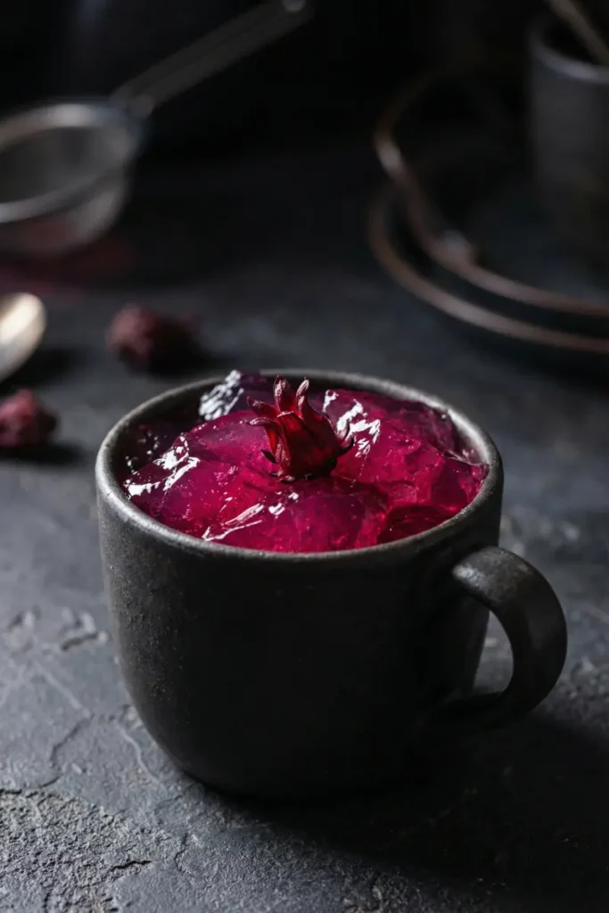 A split-screen diptych of raw grass-fed beef gelatin ingredients (left) next to a dark mug of vibrant, hibiscus-colored gelatin (right) for the Dr. Mark method.