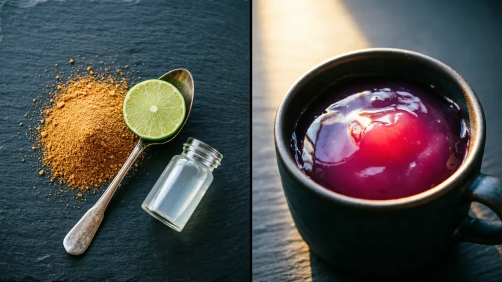 A diptych showing the ingredients of gelatin (powder, lime, and water) and the final result: a vibrant pink gelatin infused with hibiscus.