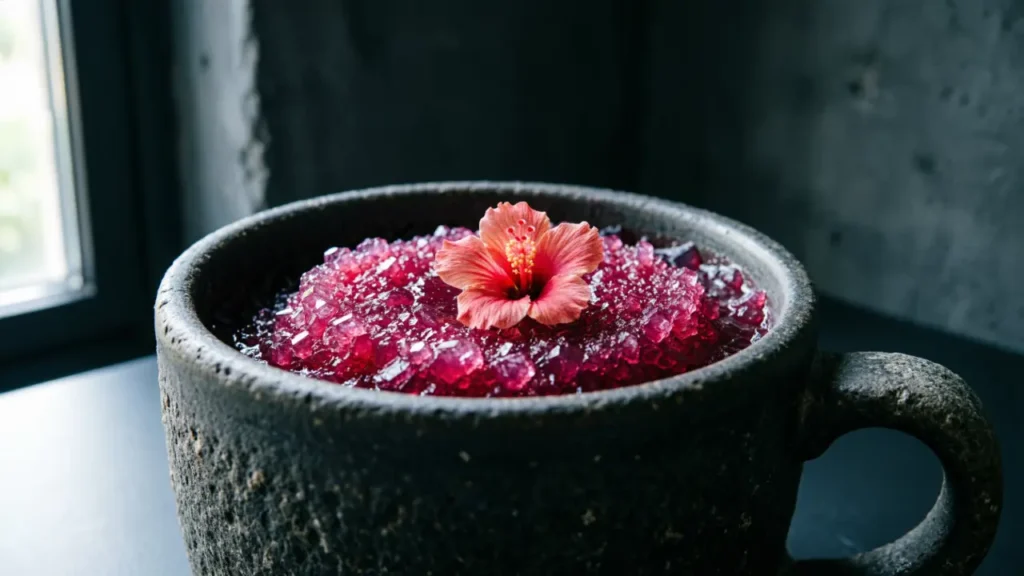 Before-and-after comparison of Dr. Mark’s Gelatin Trick, showing pure gelatin powder and the final result: a bright fuchsia jelly.