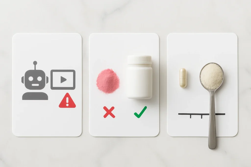 Dr. Oz & The Gelatin Strategy: What Most Viral Ads Get Wrong 6 Dr. Oz Gelatin Trick functional protocol ingredients: white ceramic bowl of grass-fed unflavored gelatin powder with spoon, steaming glass cup of deep ruby hibiscus tea with dried hibiscus petals, fresh tart cherries, halved lemon, small rustic ceramic dish of sea salt with wooden spoon on white marble with warm natural light