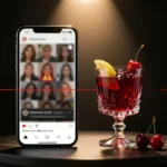 Dr. Oz Gelatin Trick fact-check: smartphone displaying blurry social media viral advertisement with warning triangle symbol on left, separated by red warning line, versus elegant crystal coupe glass of deep ruby functional gelatin with tart cherries and lemon on right, on dark charcoal background with golden spotlight