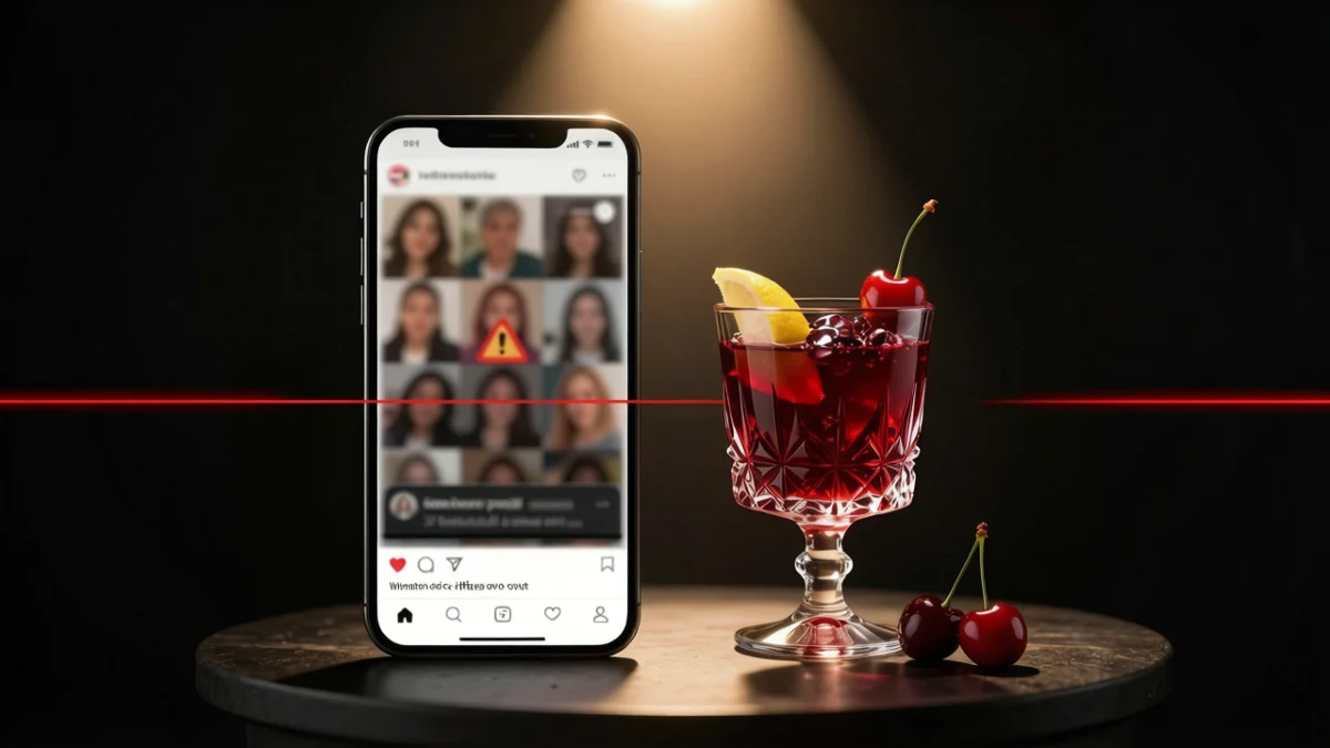 Dr. Oz & The Gelatin Strategy: What Most Viral Ads Get Wrong 4 Dr. Oz Gelatin Trick fact-check: smartphone displaying blurry social media viral advertisement with warning triangle symbol on left, separated by red warning line, versus elegant crystal coupe glass of deep ruby functional gelatin with tart cherries and lemon on right, on dark charcoal background with golden spotlight