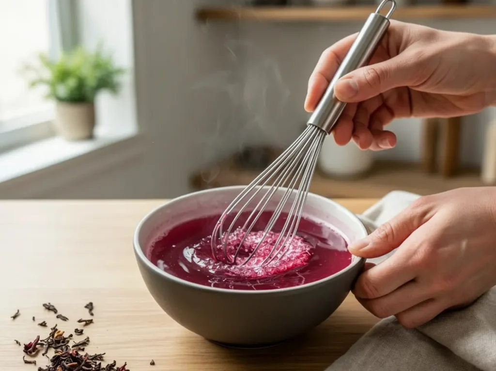mixing gelatin for Dr. Oz's Pink Gelatin Trick using hibiscus tea in a bowl
