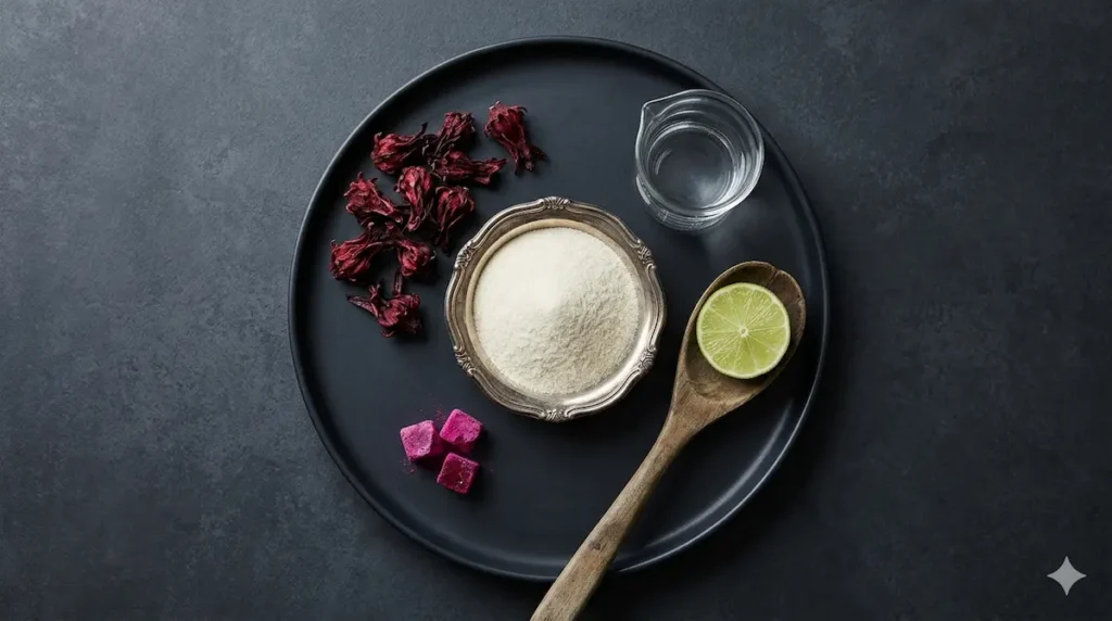 Overhead flat lay of raw grass-fed gelatin, dried hibiscus flowers, and lime for the Dr. Rocio Pink Gelatin Recipe.