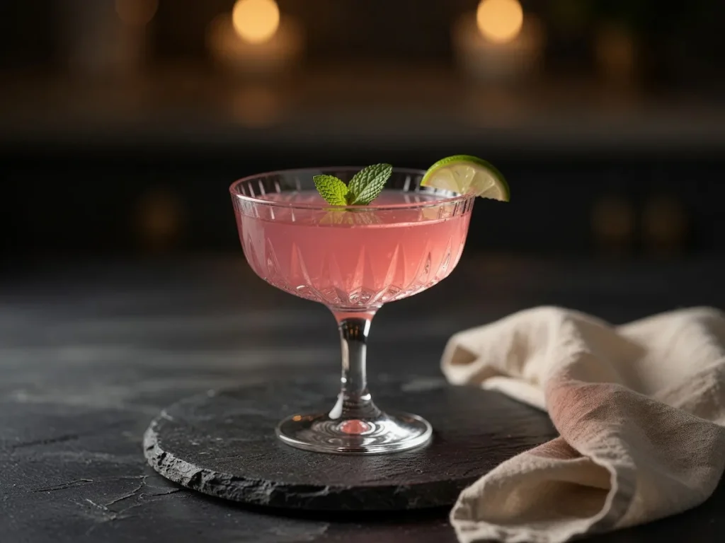 A vibrant fuchsia-pink Dr. Rocio gelatin recipe in a dark stoneware mug, topped with a dried hibiscus bud, captures the signature "Pink Drink" glow.