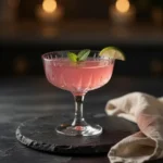 A vibrant fuchsia-pink Dr. Rocio gelatin recipe in a dark stoneware mug, topped with a dried hibiscus bud, captures the signature "Pink Drink" glow.