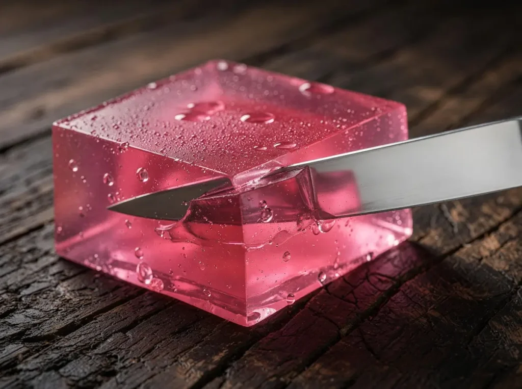 Macro photograph of crystalline pink gelatin in a dark stoneware mug topped with a fresh hibiscus flower.