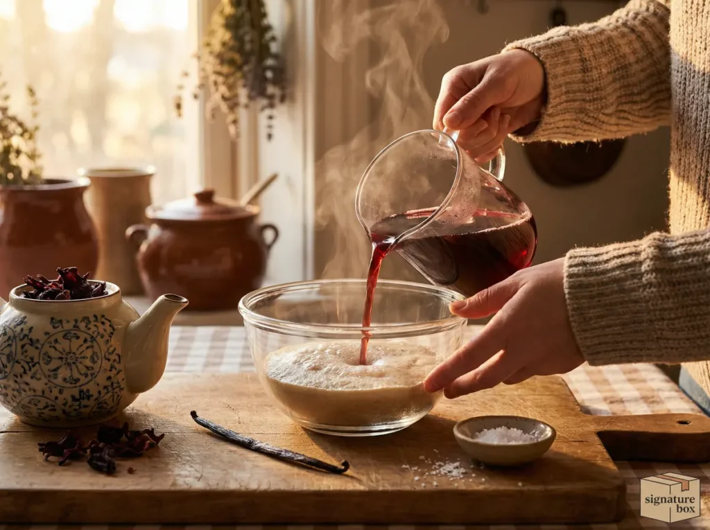 Evening Satiety Protocol: hands pouring hot hibiscus tea into blooming grass-fed gelatin powder bowl with vanilla bean and sea salt on rustic wooden board