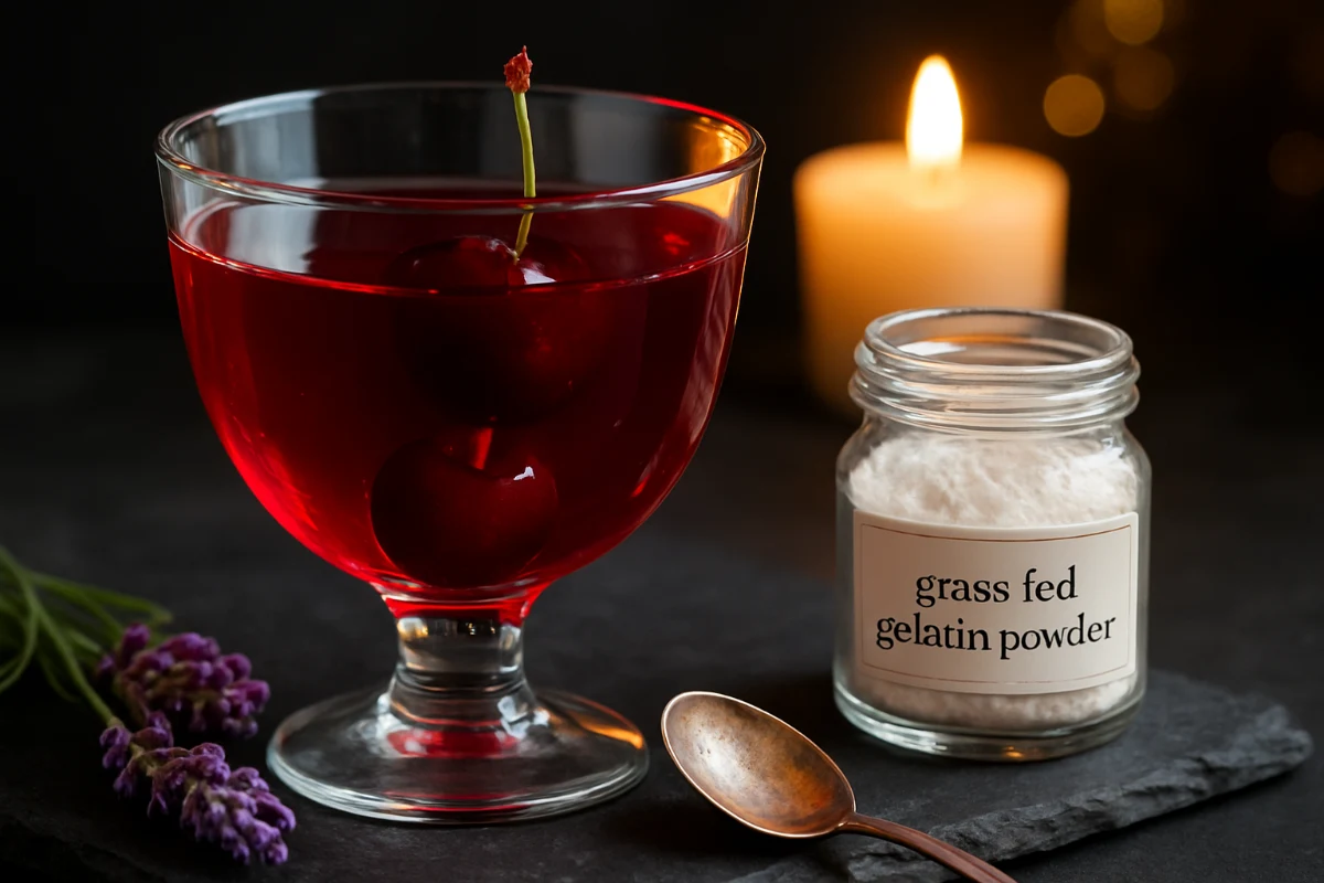 Evening Satiety Protocol: tart cherry gelatin drink in crystal glass with grass-fed gelatin powder jar, lavender and candle on dark slate.