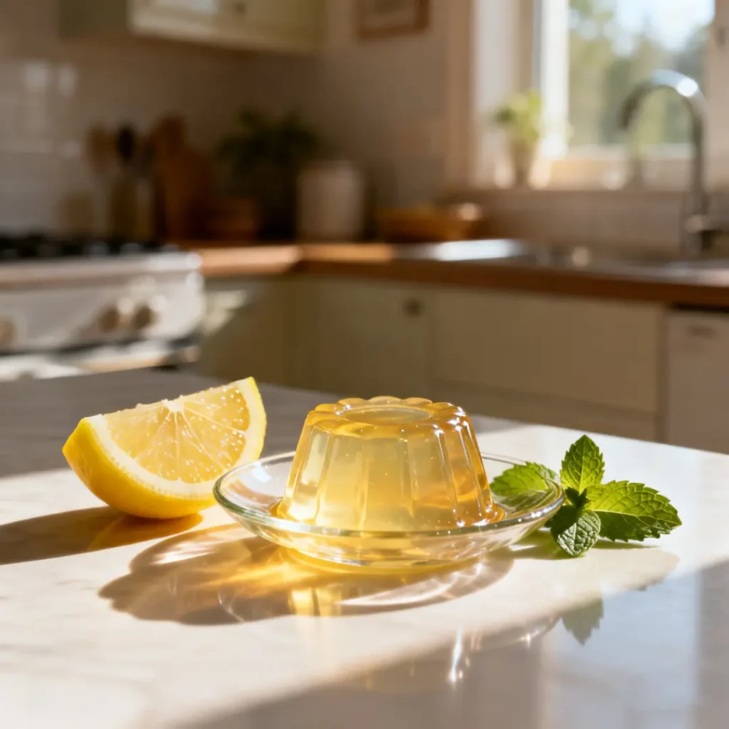A gelatin snack with lemon and mint served on a plate for the gelatin trick
