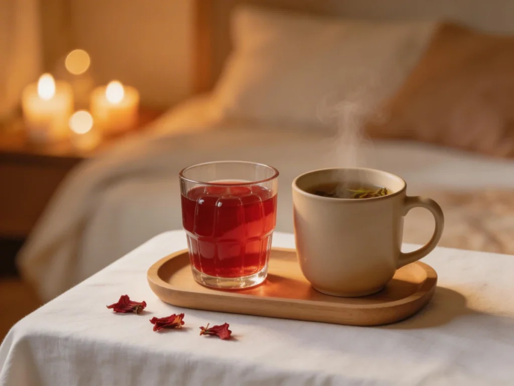 The Science of Glycine: Using Gelatin for Deep Sleep and Weight Control 7 Glycine for sleep evening ritual with ruby red hibiscus gelatin in glass and steaming herbal tea on wooden tray on white linen nightstand with candles and bedroom in background