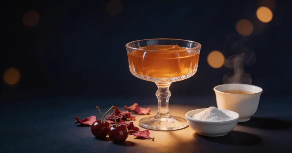 Glycine for sleep ritual with tart cherry gelatin in crystal coupe glass, dried hibiscus flowers, fresh cherries, gelatin powder and steaming herbal tea on dark navy background