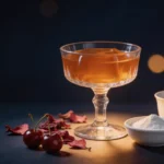 Glycine for sleep ritual with tart cherry gelatin in crystal coupe glass, dried hibiscus flowers, fresh cherries, gelatin powder and steaming herbal tea on dark navy background