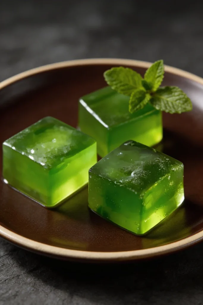 Homemade Green Tea Gelatin Recipe for Weight Loss served as clear green cubes on a dark plate.