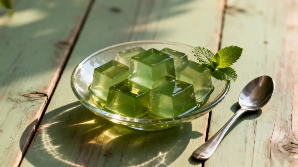 Firm translucent green tea gelatin cubes in glass dish with mint sprig and stainless steel spoon on wooden table