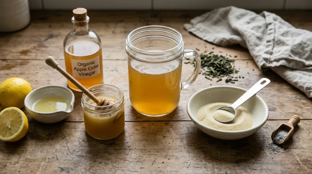 High-protein, low-calorie snack ingredients: organic apple cider vinegar, brewed green tea, lemon juice, raw honey, unflavored grass-fed gelatin, and sea salt on wooden surface