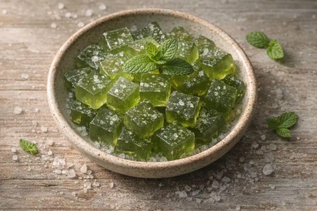 High-protein low-calorie snack: firm green tea gelatin cubes in ceramic bowl with mint sprig and sea salt, overhead flat lay on wooden table