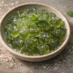 High-protein low-calorie snack: firm green tea gelatin cubes in ceramic bowl with mint sprig and sea salt, overhead flat lay on wooden table