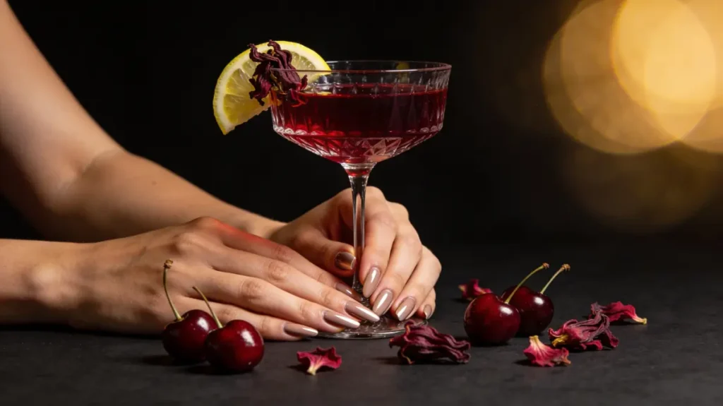 Jillian Michaels gelatin anti-hype recipe: elegant manicured hands holding crystal coupe glass filled with deep ruby hibiscus gelatin drink garnished with lemon slice and dried hibiscus petals, fresh tart cherries and hibiscus flowers scattered on dark surface with golden bokeh