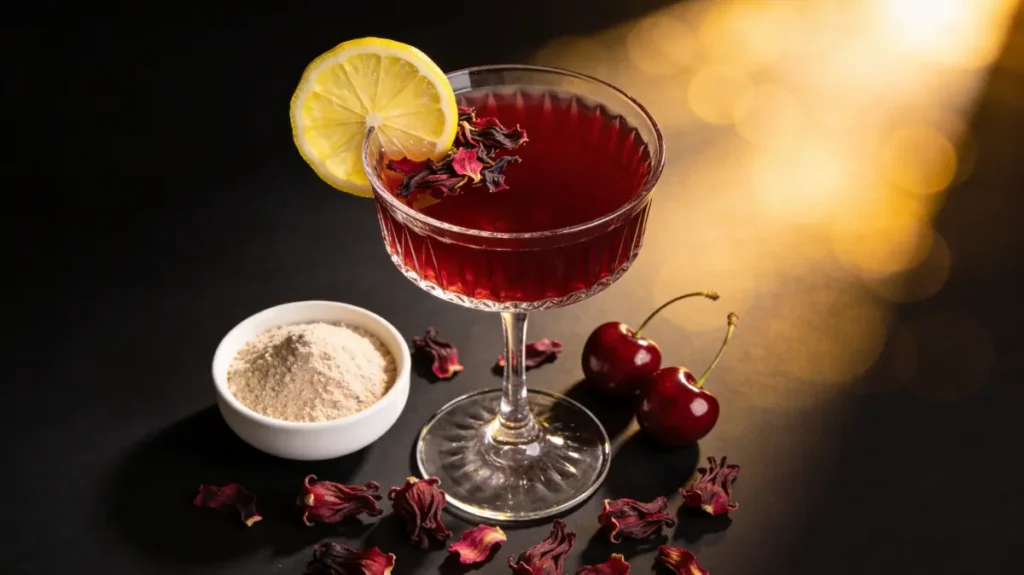 The Truth About Celebrity Gelatin Hacks: My Kitchen Test Results 9 Jillian Michaels gelatin anti-hype recipe: crystal coupe glass filled with deep ruby hibiscus gelatin drink garnished with lemon slice and dried hibiscus petals, surrounded by grass-fed gelatin powder, fresh tart cherries and scattered hibiscus flowers on black background with golden bokeh