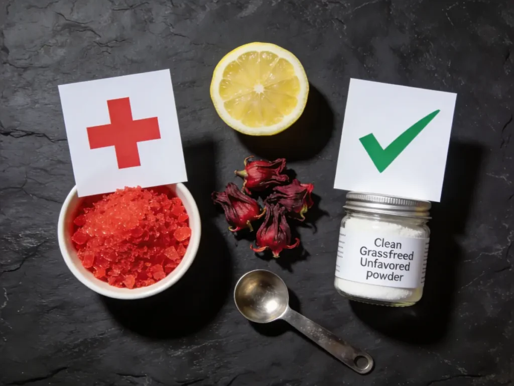 The Truth About Celebrity Gelatin Hacks: My Kitchen Test Results 7 Jillian Michaels gelatin quality comparison: bowl of bright red artificial commercial gelatin crystals marked with red cross card versus jar of clean grass-fed unflavored gelatin powder marked with green checkmark, with dried hibiscus flowers, halved lemon and measuring spoon on dark slate