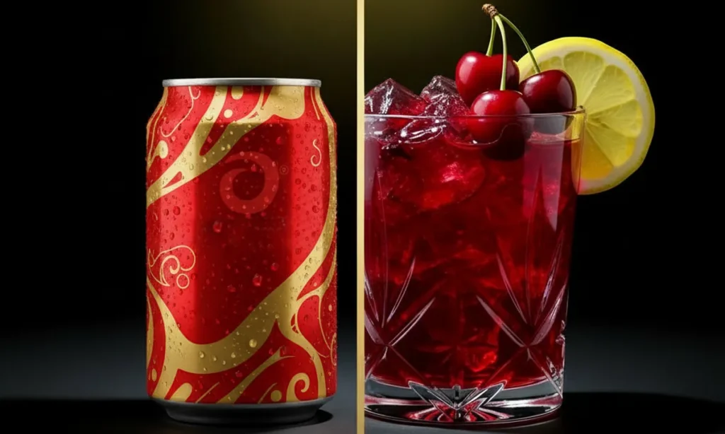 Kelly Clarkson Jello comparison: commercial red artificial Jello can on left versus crystal glass of deep ruby functional hibiscus gelatin with fresh tart cherries and lemon on right, separated by gold line on black background