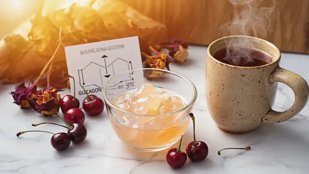 Functional gelatin fat loss science: glass bowl of bloomed amber gelatin cubes with glucagon diagram card, fresh tart cherries, dried hibiscus flowers and steaming ceramic herbal tea mug on white marble with warm golden light