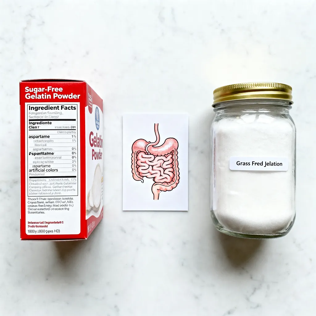 Kelly Clarkson Jello comparison: generic sugar-free gelatin powder box showing aspartame and artificial colors in ingredient list versus glass jar of clean grass-fed gelatin powder with gut anatomy diagram card between them on white marble