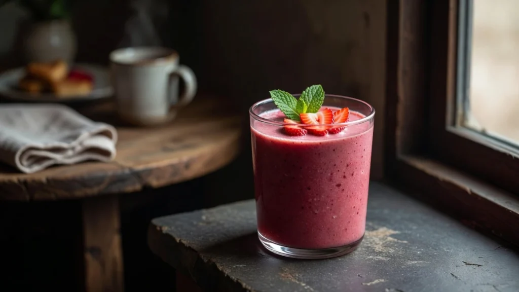 A glass of refreshing strawberry keto smoothie for weight loss on a rustic windowsill with mint garnish.
