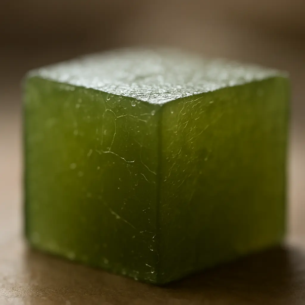 Extreme close-up of green tea gelatin cube surface showing translucent texture and light refraction