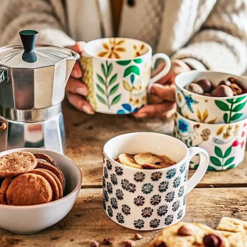 A cozy coffee setup on a rustic wooden table with floral-patterned mugs, a moka pot, and small cookies and snacks.