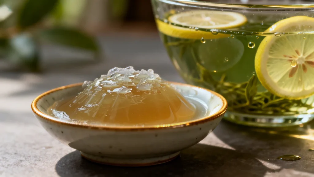 Whisking bloomed unflavored gelatin into cooled green tea with apple cider vinegar and lemon juice in glass bowl