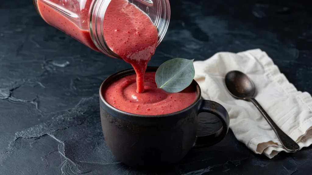 Pouring a thick and creamy strawberry Keto Smoothie for Weight Loss into a dark ceramic mug